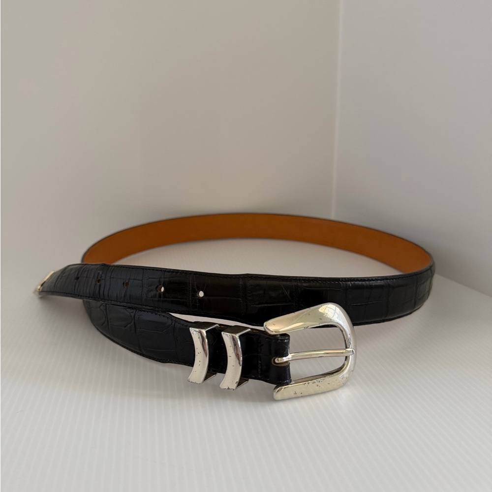 Brighton Onyx Men’s Black Crocodile Embossed Leather Belt with Silver Accents
